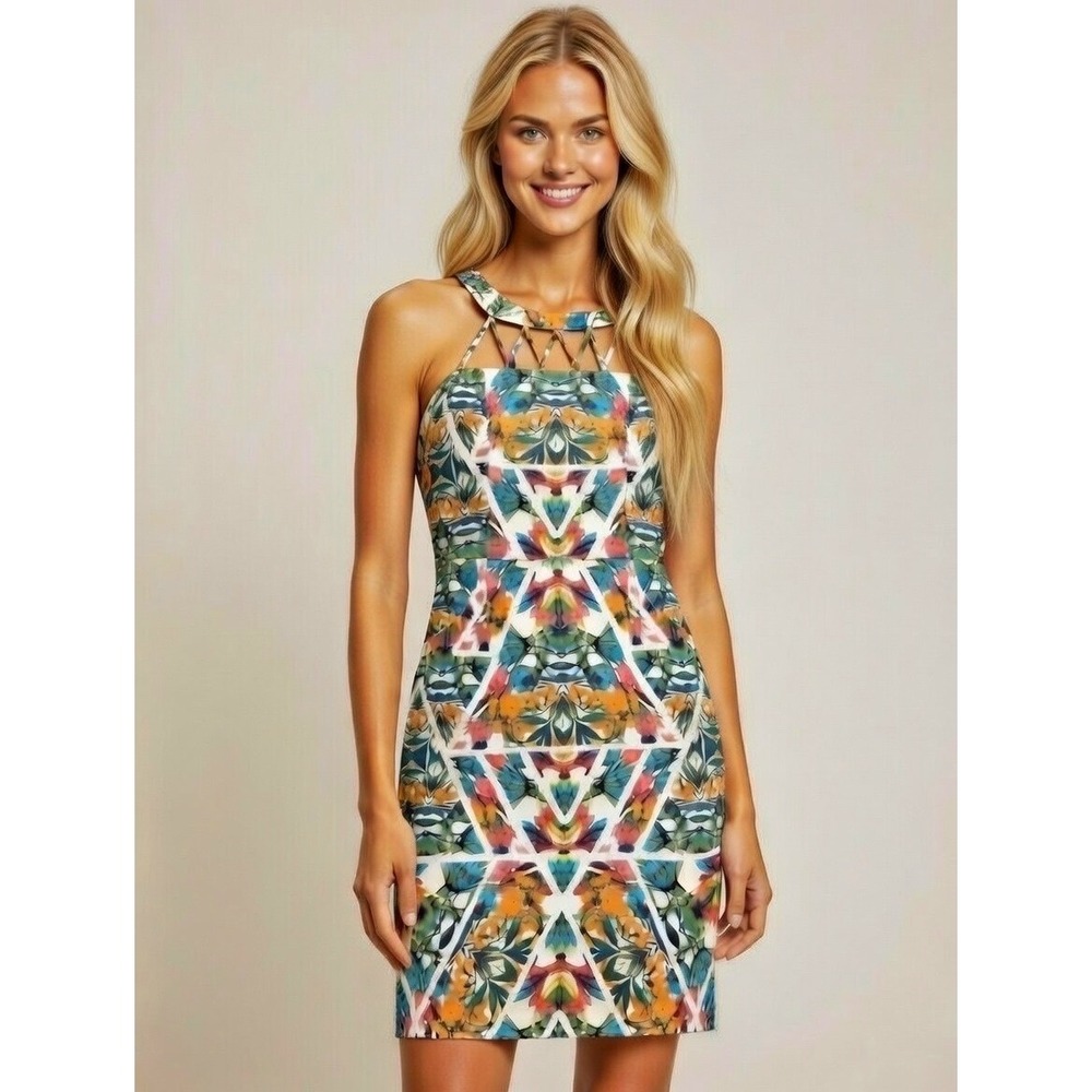 Adrianna Papell‎ Kaleidoscope Floral Sheath Dress Lattice Neck Pink Blue - 10
